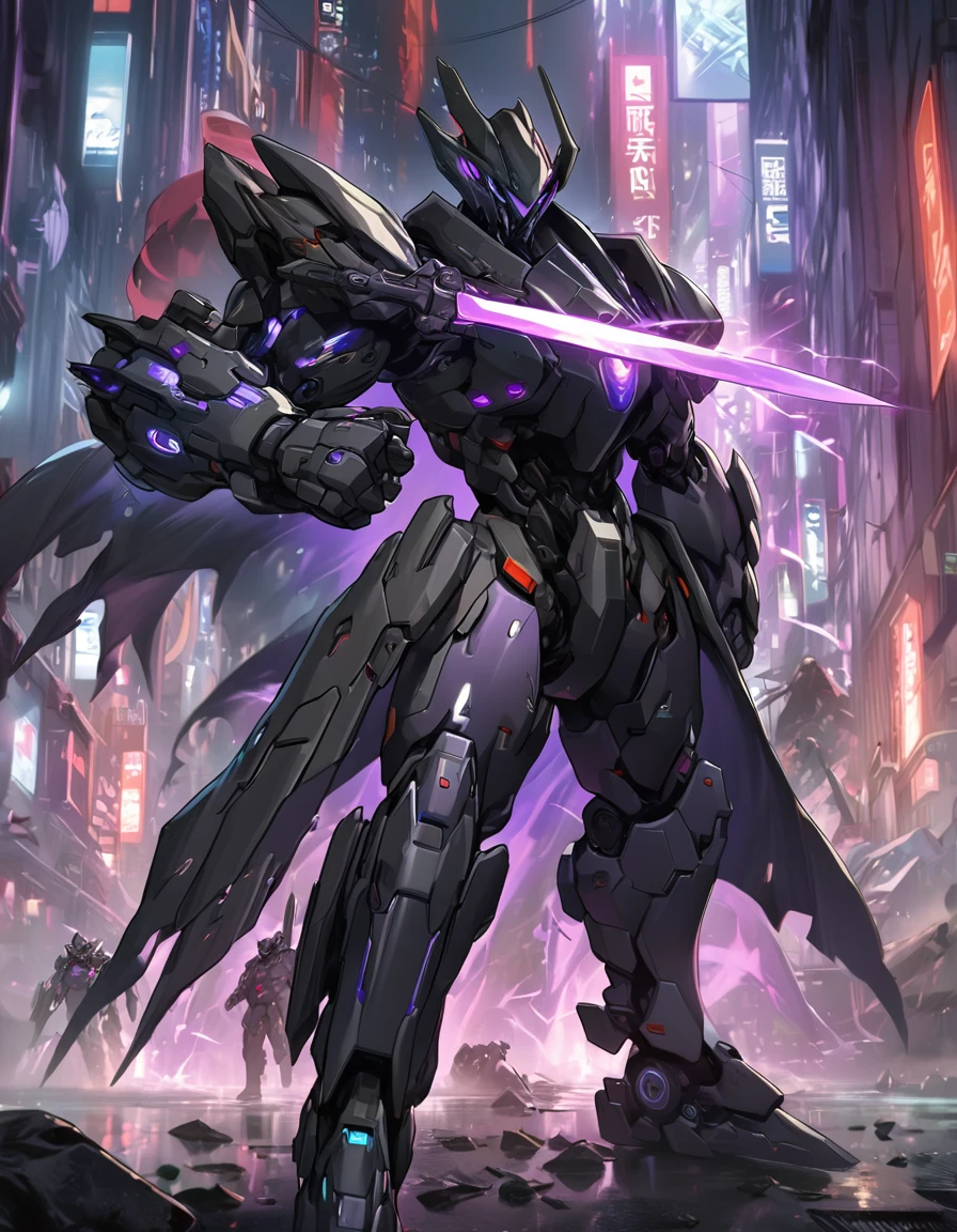a cyborg wearing a long cape swinging a sword in a fight, city, concept art by Yang J, trending on Artstation, fantasy art, from arknights, glowing purple lightning blade, style of raymond swanland, anime concept hdr anime macmanus, trending on artstation::3 , death knight, genji, arknights, reaper from overwatch, king of time reaper, (Dragon Guard ARM, GLOVES::1.5 ), (purple and BLACK), (MECHA CYBER SHINY ARMORED SUIT, A PAIR MECHANICAL ARMOR::1.4 ), ground destroyed.::1