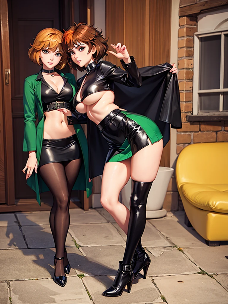 merula, high heels, tonified legs, leather yellow mini skirt, full body, thighs, top, belly, wide hips