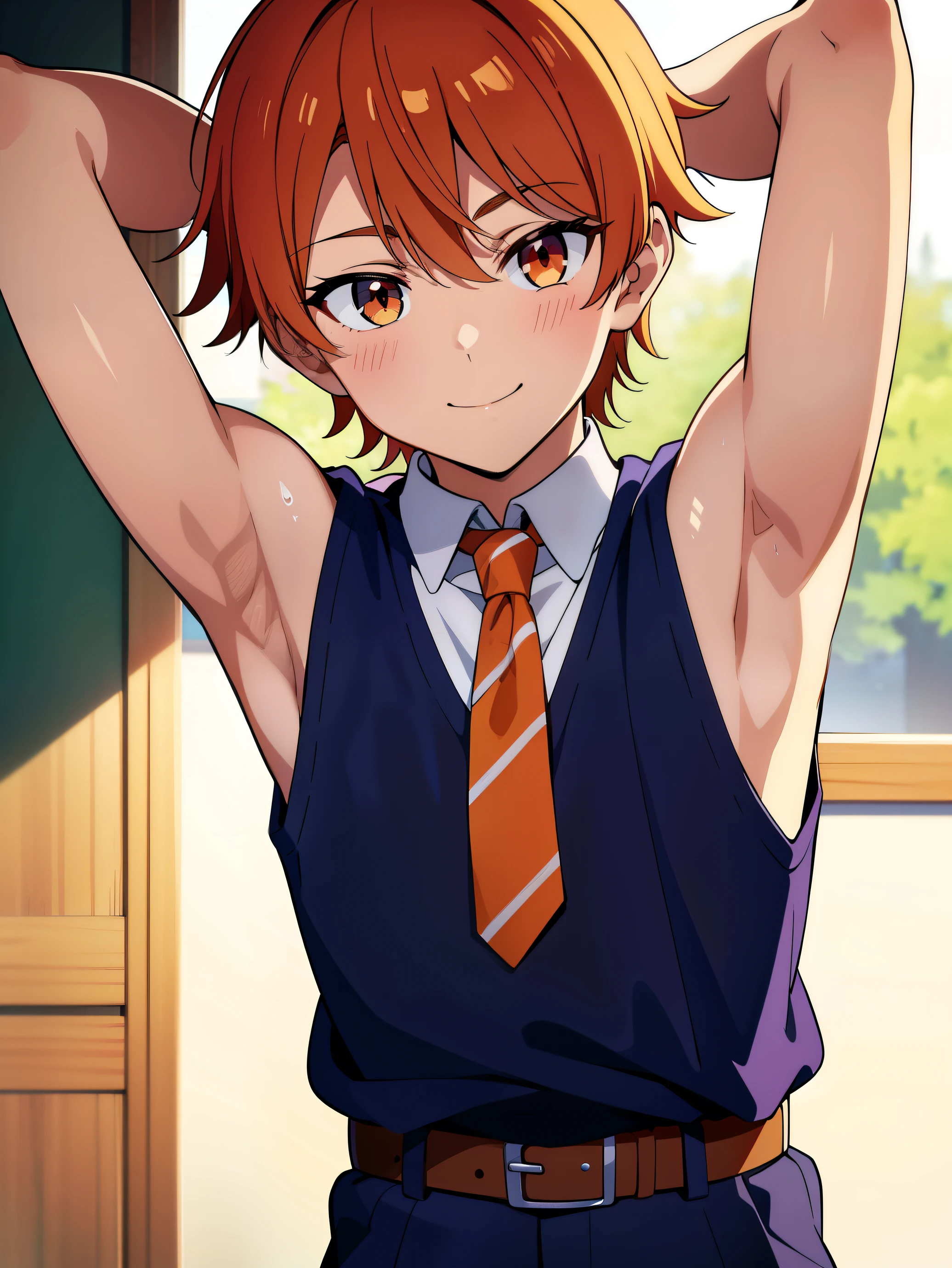 Highres, Masterpiece, Best quality at best,Best Quality,hight quality, hight detailed, Anime style, 1boy, Shota, young boy, Solo person, smile, Orange hair, messy hair, school, Sleeveless uniform, Bare shoulder, Tie, Seen from the front, look at viewer, upper body, belt, Such a cute smooth armpit, showing armpit, Cute armpit, seductive small armpits, beautiful small armpits, fragrant small armpits, Boy cutely shows his armpit, The armpits of a 12 year old boy, Adorable little armpits, (very young boy), (very small and short body), 12-year-old boys, uhd, blurry beckground