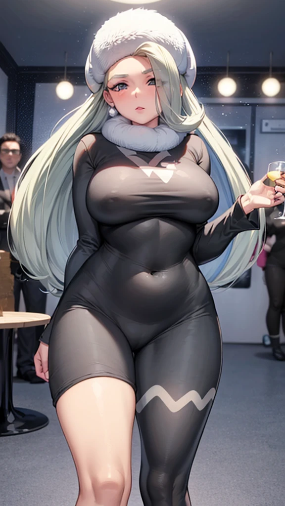 A girl from Russia, Asian, sexy, beautiful, cute, big breast, long wavy dark blonde hair, round gray eye, thin eyelash, black pink lip, soft cheeks, dresses in a dark gray top, long sleeves, shows navel and short gray pants, pair of blue socks, polar boots, black snow