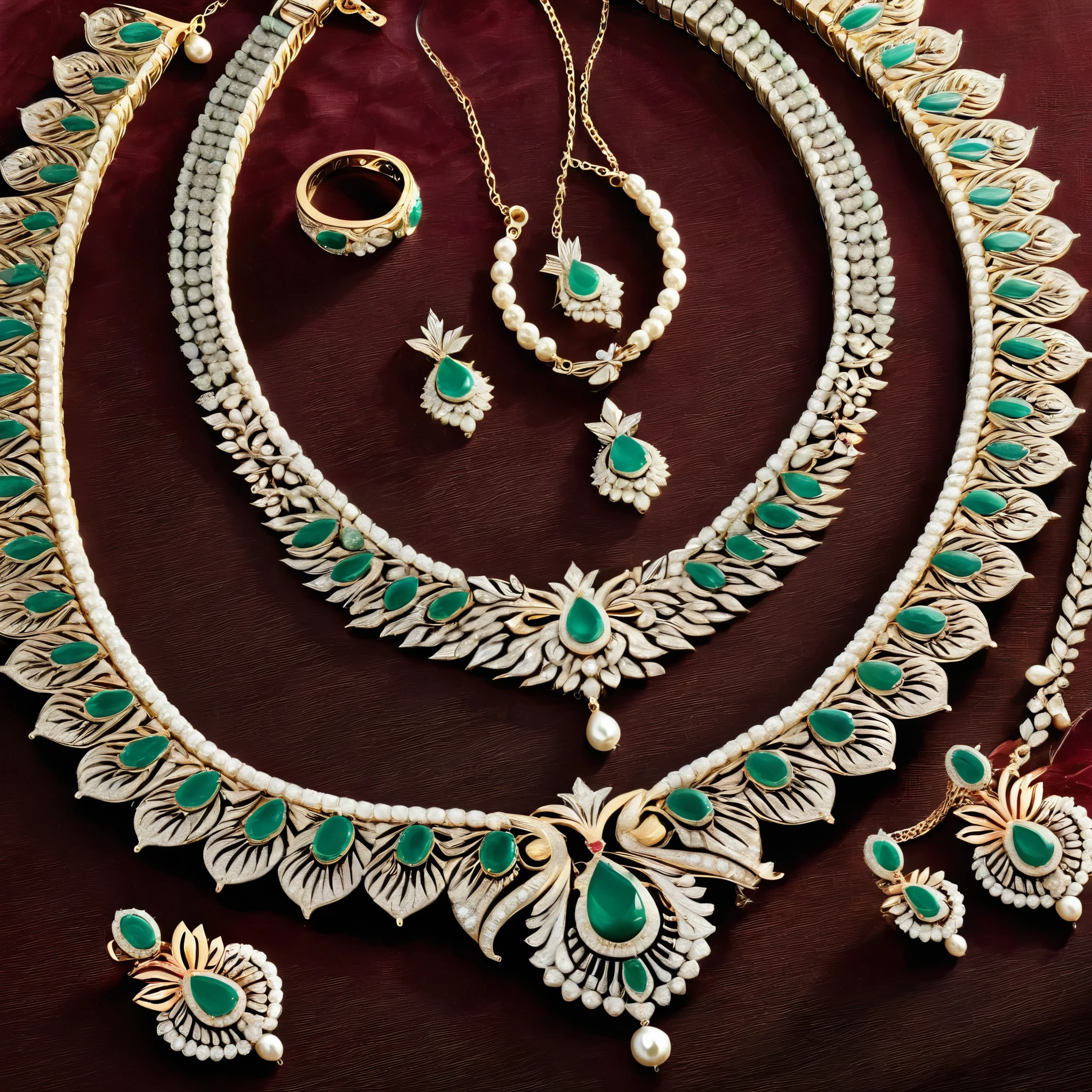 Generate an image of an opulent jewelry set suitable for a queen. The necklace should feature exquisite diamonds and pearls, with intricate, regal design details. The bracelet should be adorned with rare gemstones and have an elegant, timeless design. The ring should showcase a large, flawless diamond in a platinum setting, radiating luxury. The earrings should be long, dangling chandeliers, dripping with diamonds and pearls. The entire set should shimmer with sophistication and wealth, as befitting a queen's attire.