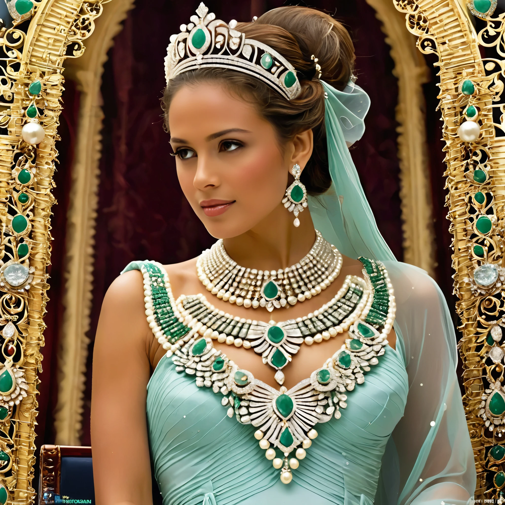 Generate an image of an opulent jewelry set suitable for a queen. The necklace should feature exquisite diamonds and pearls, with intricate, regal design details. The bracelet should be adorned with rare gemstones and have an elegant, timeless design. The ring should showcase a large, flawless diamond in a platinum setting, radiating luxury. The earrings should be long, dangling chandeliers, dripping with diamonds and pearls. The entire set should shimmer with sophistication and wealth, as befitting a queen's attire.
