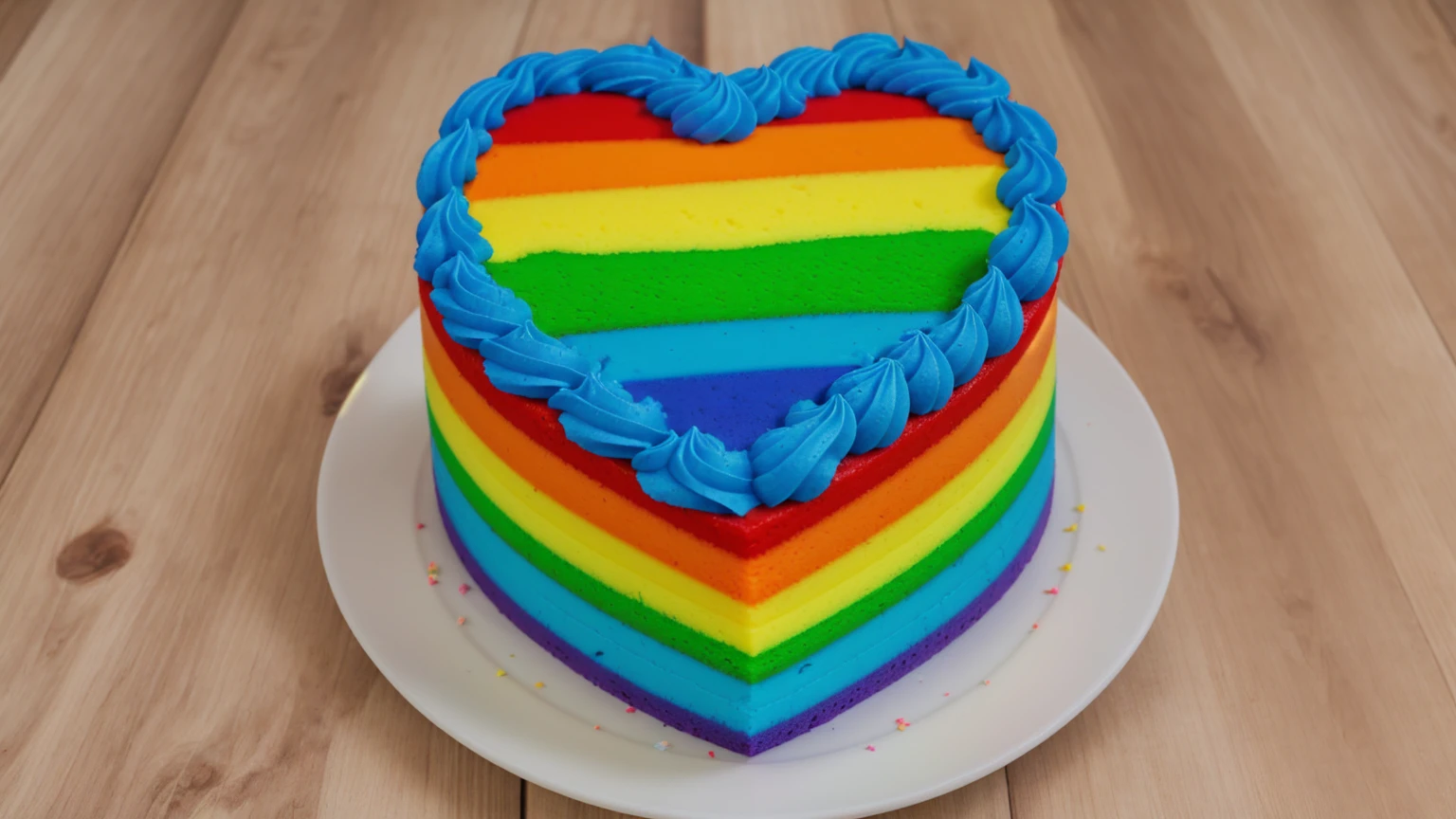 on a wooden table, there is a rainbow cake in the shape of a heart, rainbow sponge cake. top blue cream wave, cream texture, Realistic style, realistic texture, bright lighting, high quality, detailed texture, Beautiful light from the window, beautiful lighting, high detail, ultra 4k hd, super clear photo without blur 