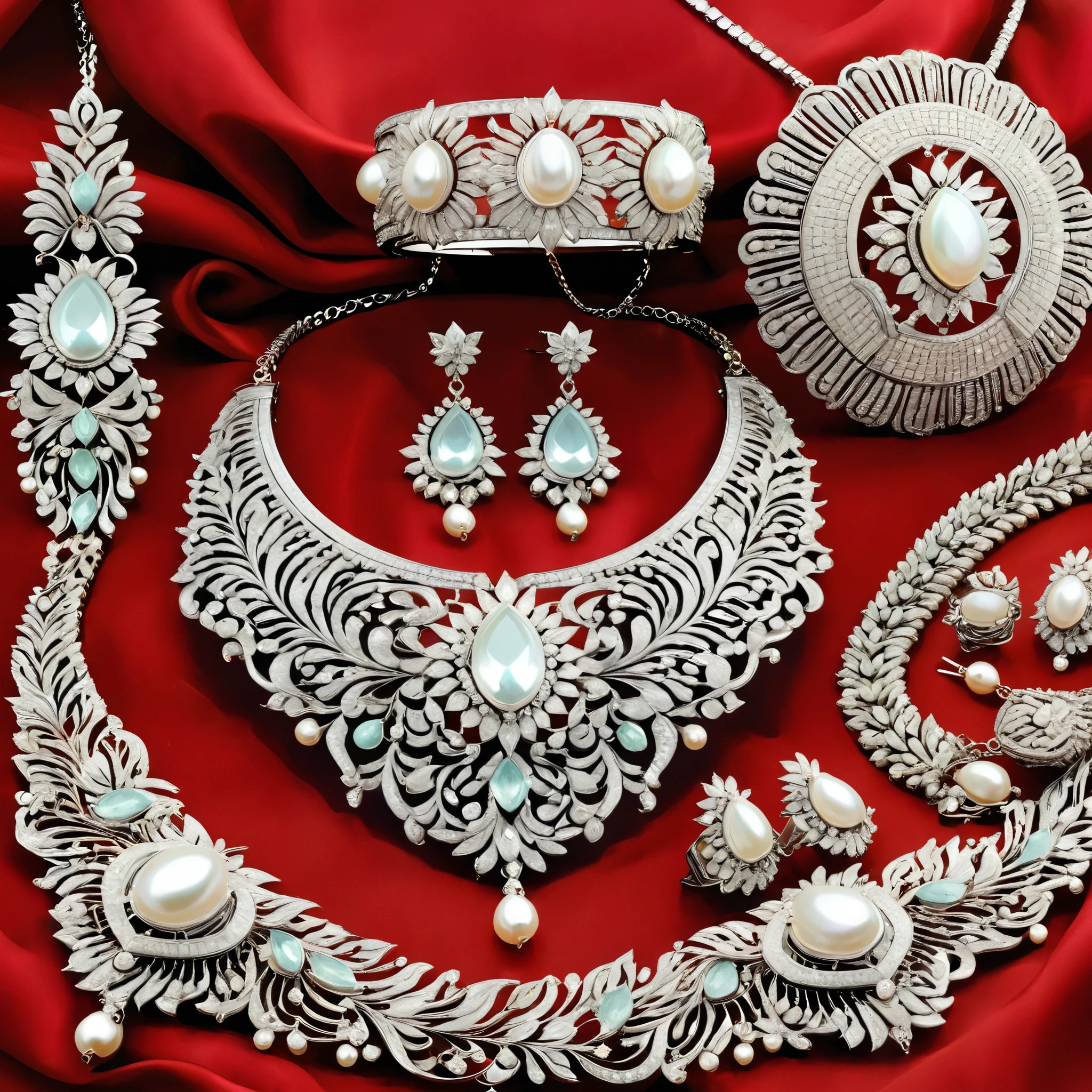 Generate an image of an opulent jewelry set suitable for a queen. The necklace should feature exquisite diamonds and pearls, with intricate, regal design details. The bracelet should be adorned with rare gemstones and have an elegant, timeless design. The ring should showcase a large, flawless diamond in a platinum setting, radiating luxury. The earrings should be long, dangling chandeliers, dripping with diamonds and pearls. The entire set should shimmer with sophistication and wealth, as befitting a queen's attire.