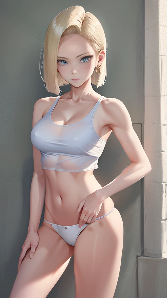 top-quality, A high resolution, 18 with, 1girl in, android 18, solo, blonde hair, blue eyes, short detailed hair, 耳Nipple Ring, jewely, Sport Tank Top,You can see the white panties on the knees, mini panties,Sleeveless、Beautiful facial features、The right leg stands upright,White panties visible.、Beautiful navel、beautiful thigh、 transparent panty, big breasts, cow boy shot, street, cropped shoulders, No shoulder strap, Bigchest,big breasts thin waist,long leges,nakeness,Bare lower body,Bare breasts