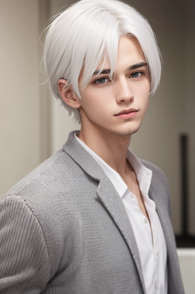 Young man with medium sized white hair