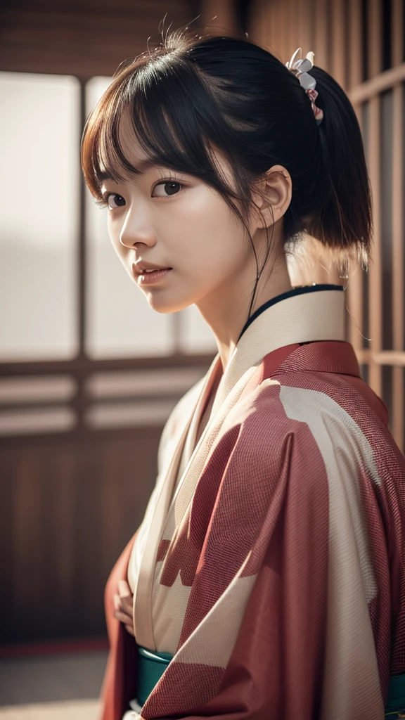 smile, little, baby face, baby model (8k, RAW photo, photorealistic:1.25) ,( lipgloss, eyelashes, gloss-face, glossy skin, best quality, ultra highres, depth of field, chromatic aberration, caustics, Broad lighting, natural shading,Kpop idol) a serene and goddess-like happiness,(wearing kimono), anggry face, pony tail hair, (full body, showing leg)