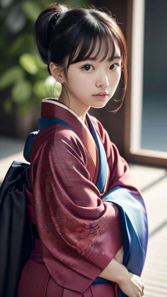 smile, little, baby face, baby model (8k, RAW photo, photorealistic:1.25) ,( lipgloss, eyelashes, gloss-face, glossy skin, best quality, ultra highres, depth of field, chromatic aberration, caustics, Broad lighting, natural shading,Kpop idol) a serene and goddess-like happiness,(wearing kimono), anggry face, pony tail hair, (full body, showing leg)