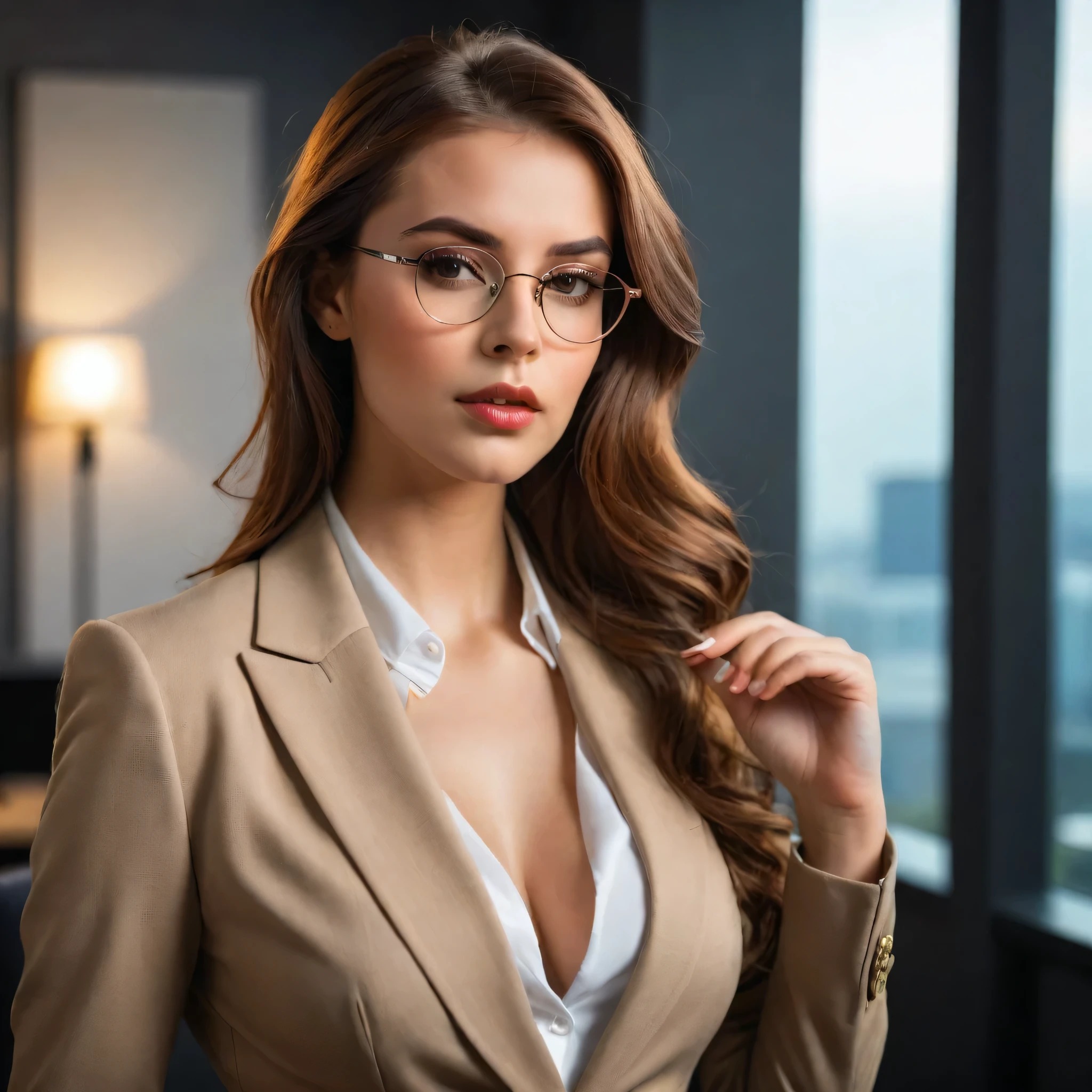 beautiful young woman with medium brown hair, frowning expression, perfect proportions, breasts big, Waist slender, Broad Hips, wearing a business suit, attentive in an office environment, (shot not bust:1.6), (holding glasses, placing the tip of the glasses frame on the lip:1.9), high qualiy, 8K, work of art, ultra detali, realisitic, photorealisitic, portraite, studio lighting, dramatic lighting, warm colours, cinematic, beautiful sexy girls