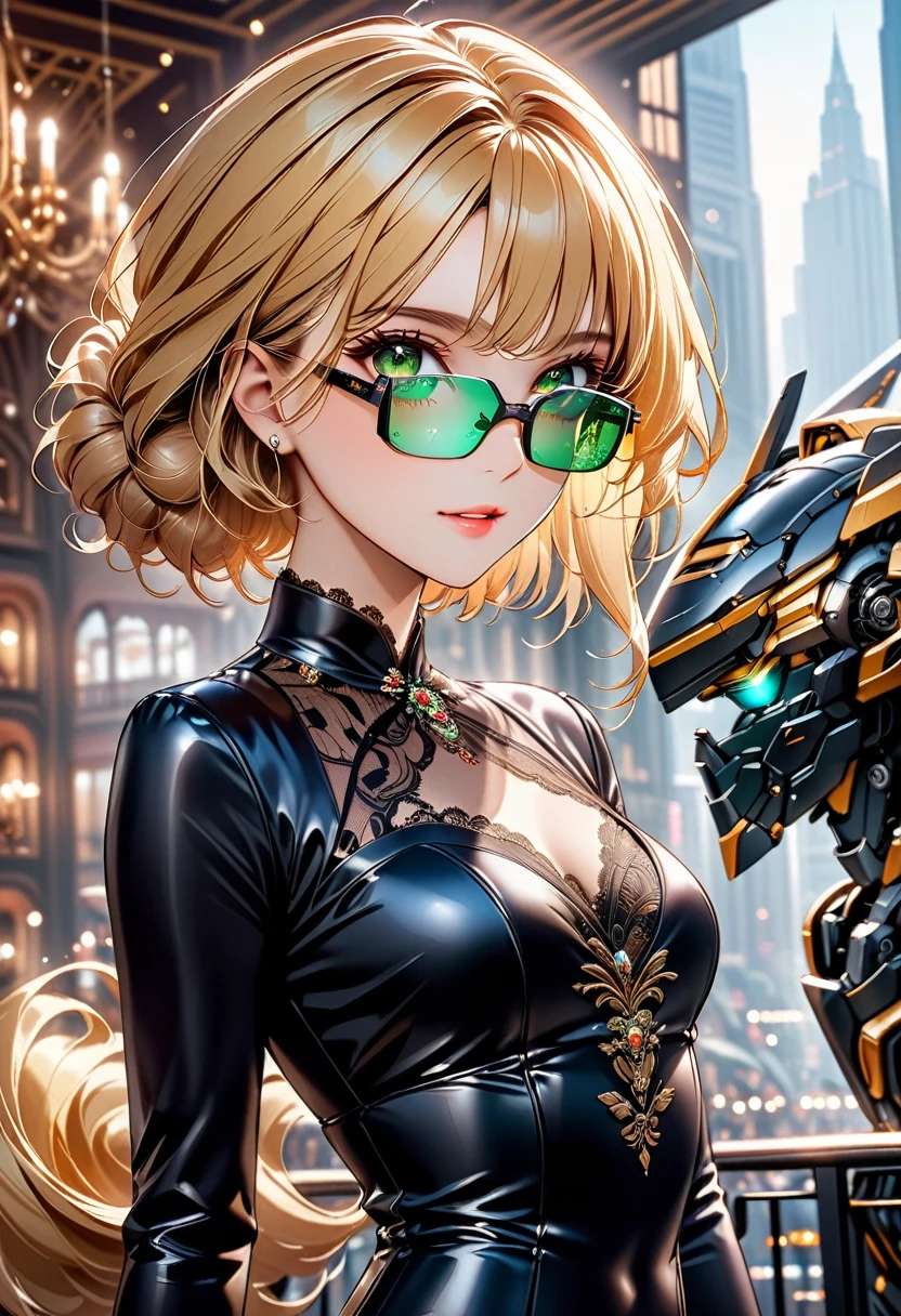 Arafed a picture of a human female spy, wearing dark suit, wearing ((mecha glasses: 1.5))exquisite beautiful female, blond hair, short crop hair, green eyes, dynamic hair color, dynamic hair style, (wearing elegant intricate details glasses: 1.3), dynamic color glasses, dynamic style glasses, glasses has intricate mechanical part in it, a high society gala event background, (Masterpiece: 1.5),  Vibrant, Ultra-high resolution, High Contrast, masterpiece:1.2, highest quality, Best aesthetics), best details, best quality, highres, ultra wide angle, 16k, [ultra detailed], masterpiece, best quality, (extremely detailed), Mechanical Creatures