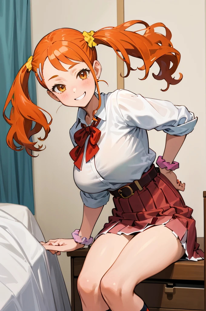masterpiece, best quality, highres, 1girl, anjou naruko, hairclip,huge breasts, , sleeves rolled up, wrist scrunchie, belt, white shirt, red skirt, socks, twintails, grin,my room,nsfw