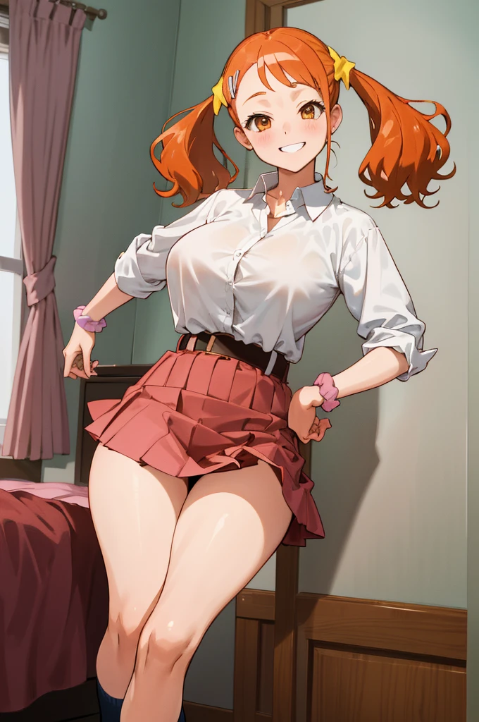 masterpiece, best quality, highres, 1girl, anjou naruko, hairclip,huge breasts, , sleeves rolled up, wrist scrunchie, belt, white shirt, red skirt, socks, twintails, grin,my room,nsfw