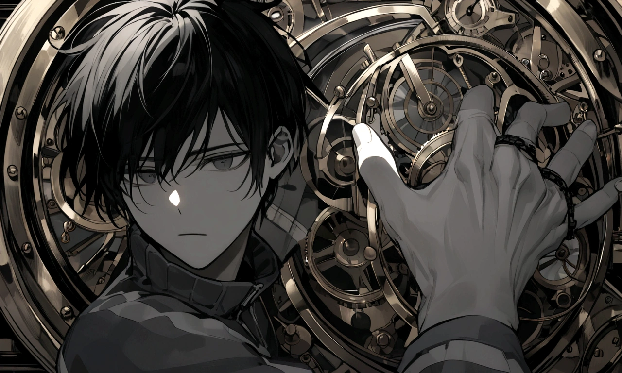 black and white drawing, giant clockwork background, hang from clockwork, human, 26 year old male, black neat hair, a lonely face, wearing gray tracksuit, put one's foot on the clock hand, cling to the clock.