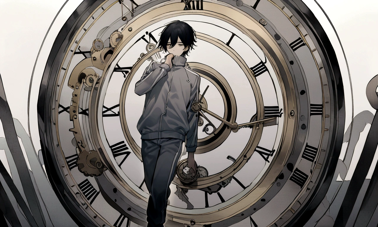 black and white drawing, giant clockwork background, hang from clockwork, human, 26 year old male, black neat hair, a lonely face, wearing gray tracksuit, put one's foot on the clock hand, cling to the clock, climb the clock.