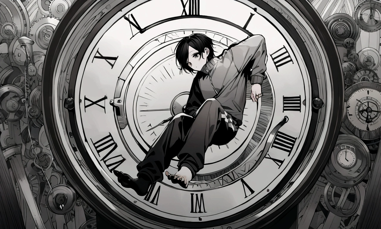 black and white drawing, giant clockwork background, hang from clockwork, human, 26 year old male, black neat hair, a lonely face, wearing gray tracksuit, put one's foot on the clock hand, cling to the clock, climb the clock.