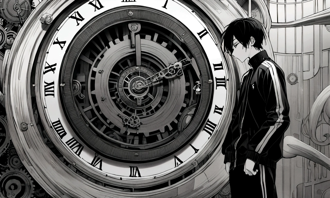 black and white drawing, giant clockwork background, hang from clockwork, human, 26 year old male, black neat hair, a lonely face, wearing gray tracksuit, put one's foot on the clock hand, cling to the clock, climb the clock.