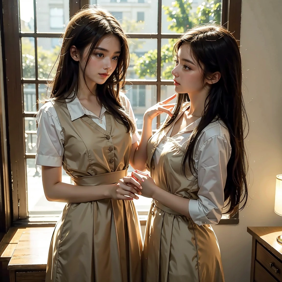 (masterpiece, best quality), perfect anatomy, perfect hands, two school girls are deeply in love with each other, romantic atmosphere