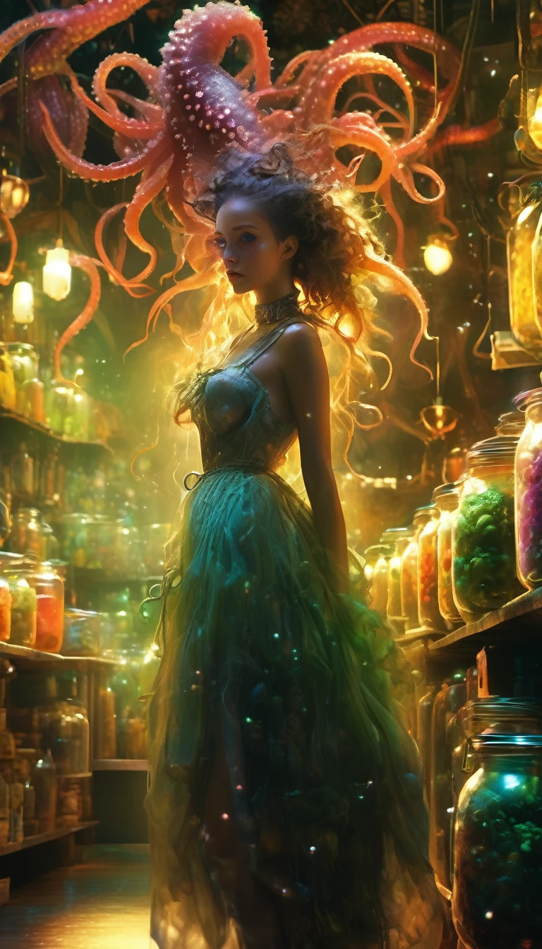 a sexy girl in a sexy dress tends the store at the counter, fantastic store, Fantasy world, dark, disturbing, strange, unnatural, (Rembrandt Lighting: 1.3) light particles, lens flares, store with several tentacles inside large jars, , a woman shopping, live tentacles for sale inside jars, side chest, forest cat on stage, close-up of the upper part of the body, artistic masterpieces that will go down in history, fantastic backgrounds, memorable scenes, fantastic angles (masterpiece : 1.2), (best quality: 1.2), intricate details, newest, AI generated (Bill Sienkiewicz inspired art, intricate details, oil painting)