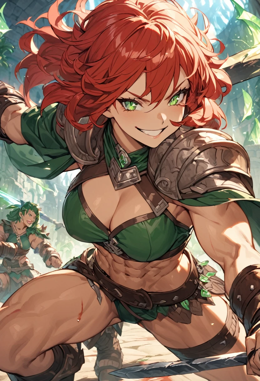 Adult female, fantasy, fantasy arena, bloody, happy, bloody smile, perfect smile, highly detailed, very short red hair, emerald green irises, barbarian, toned body, well-defined abs, thin robes, fighting, perfect detail, perfect eyes, black pupils