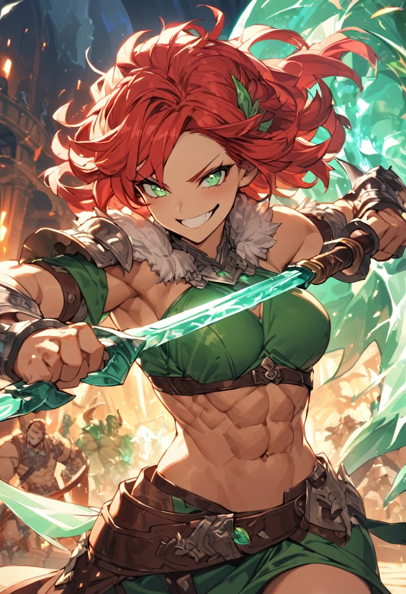 Adult female, fantasy, fantasy arena, bloody, happy, bloody smile, perfect smile, highly detailed, very short red hair, emerald green irises, barbarian, toned body, well-defined abs, thin robes, fighting, perfect detail, perfect eyes, black pupils
