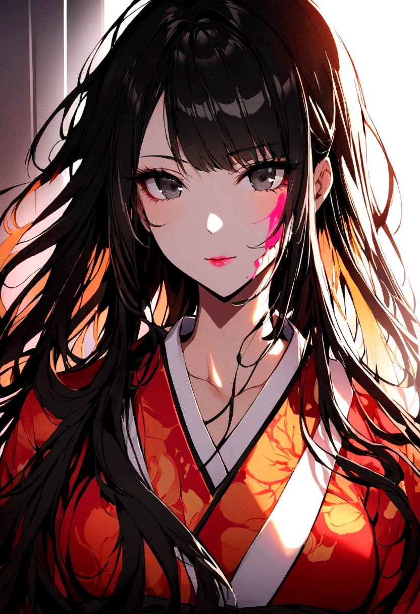 Beautiful Japanese supermodel woman, A lock of hair with slight highlights, black eyes, Sexy，street background，Gorgeous kimono , Liquid color flows across her face, Shooting against the light，Perfect facial lighting，mixed media