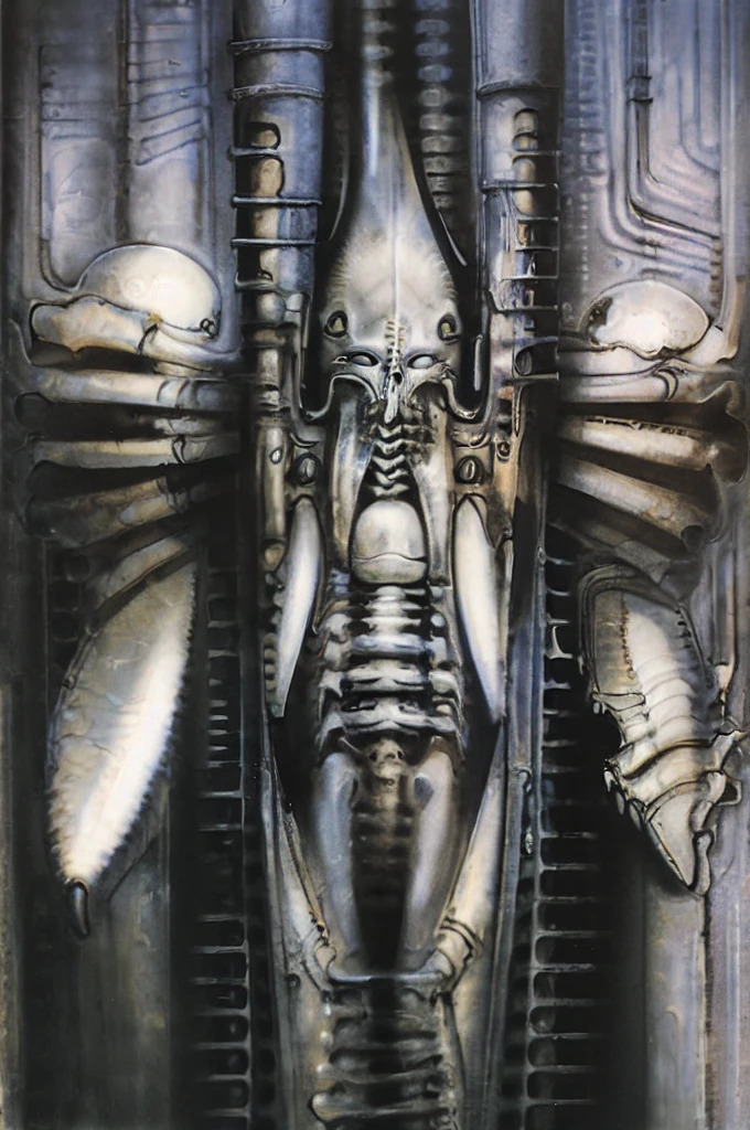 The image is a detailed view of H.R. Giger's \" Landscape XVI \" plate, featuring a complex network of bones and organs in a purple-brown hue ,swirling gray and brown colors. The artwork is silver and purplish brown, with an ivory bones prominently displayed. The image is highly detailed and intricate, almost like a 3d version of a medical diagram
The image is an artistic representation of a mechanical structure with pipes and gears, with a skeletal creature and a windmill blade.
The image depicts a surreal, anatomical illustration of a alien body with a skeleton inside, surrounded by a network of tubes and pipes.
biomechanical landscape by Hans Rudie Giger composed of fossilized and mummified alien life forms. Image depicts a strange and dreamlike, combines biological and mechanical ,managed to dreamlike quality. Centralized recognizable shapes of skulls, rib cages, and spines, all intertwined with tubes and cables. These shapes suggest fossilized mummified alien life forms. Central skeletal structures and what appears to be a ribcags of ivory in the foreground are the most identifiable organic elements. The mechanical elements are evident in the wires and tubes emanating from the skeletals, as well as the smooth metallic tubes. In the background shapes are visible that could be interpreted as other fossilized or mummified alien life.
Light source from the top highlights skeletals, upper part of foreground, lower part of image is in shadow.
The piece is a tableau, most likely created with a India ink pen or pencil on paper, determined by the thin lines, shading techniques, and the texture of the paper, which is visible around the edges.
used is pen, given the shading and variations in line weight visible in the image. One have used a variety of pencils with different degrees of hardness to achieve the shading effects
