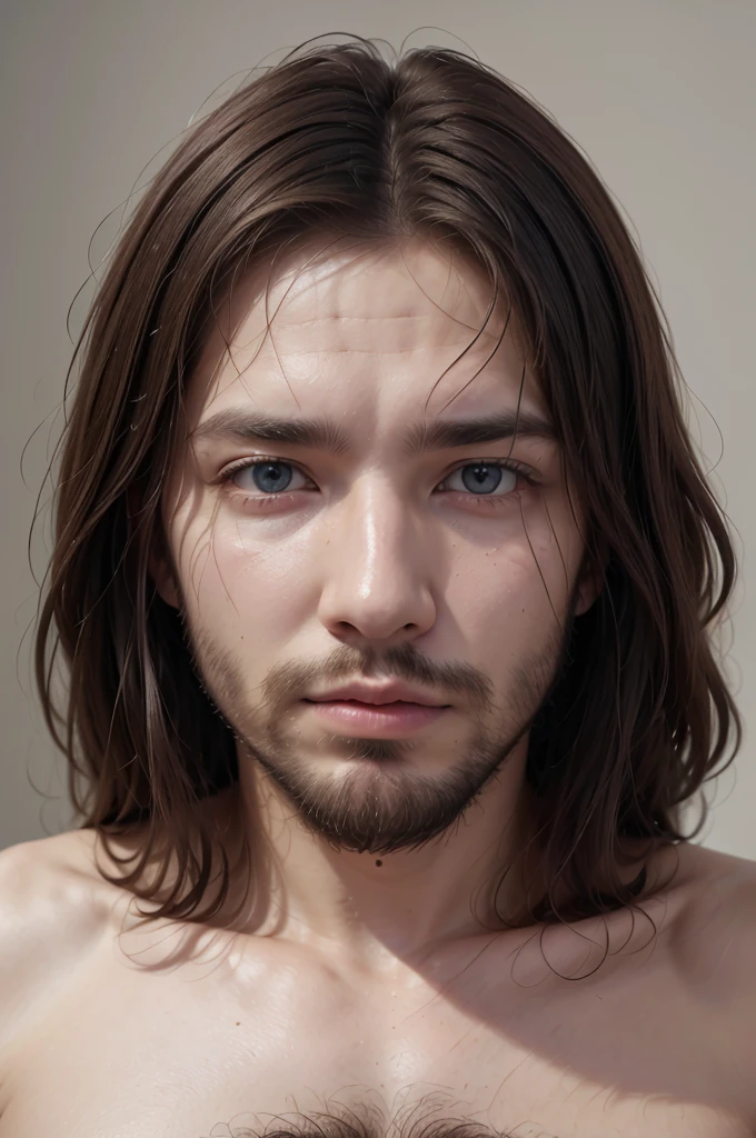 photorealism, focused and clean image, white background, Detailed face and back of Jesus Christ aged 33 years, phenotype of a man from Israel from the first century, hooked and round nose, long dark brown hair, brown eyes, face that conveys peace , typical Israeli clothing from the first century, vertical aspect ratio