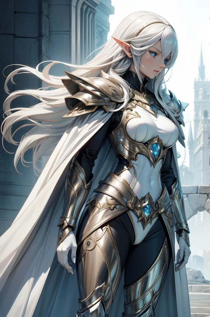 female noble Elf, full body art, silver hair, white skin, saphire eye, knight full plate adorned armor, white cape, perfectly detailed body.