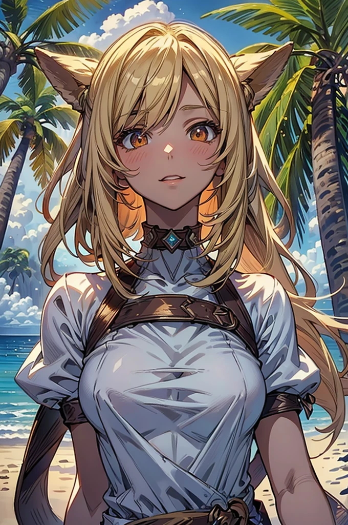 masterpiece, rich colors, Best quality, detailed, high resolution, Hyper quality, high detail, , high quality, detailing, skinny sexy girl on the beach , bright lighting , Brown eyes, Anime, palm trees, bright lighting, blonde,