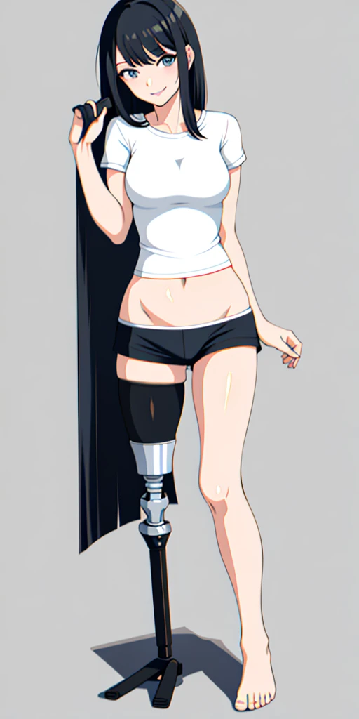best quality, 1girl, solo, sleeping, beed, medium hair, black hair, straight hair, looking at viewer, medium breasts, (prosthetic leg:1.2), full body, smiling, short, black minishort, minishort, top, white top, barefoot.