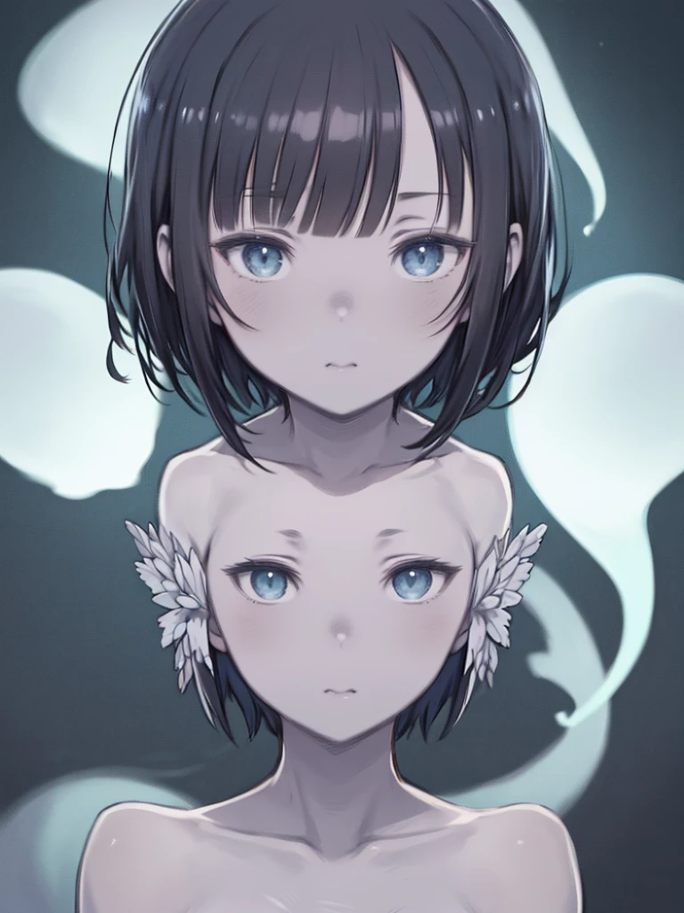 (masterpiece,Highest quality,Super detailed),One girl,short hair, Black Hair,(Plant Girl),Beautiful and elaborate face, Fine grain ,(Grey and Blue Theme),night,fog,In a ghost town,(((Ghost Girl))), White skin,青White skin, White bodysuit,In the lab 🧪 🧫,