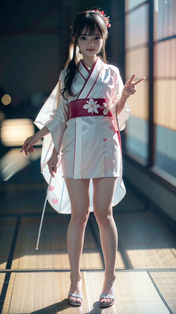 smile, little, baby face, baby model (8k, RAW photo, photorealistic:1.25) ,( lipgloss, eyelashes, gloss-face, glossy skin, best quality, ultra highres, depth of field, chromatic aberration, caustics, Broad lighting, natural shading,Kpop idol) a serene and goddess-like happiness,(wearing kimono), anggry face, pony tail hair, (full body, showing leg)