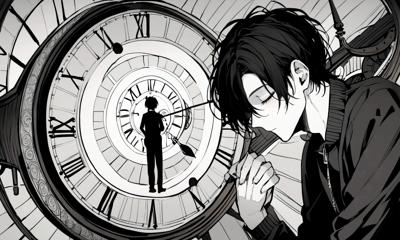 black and white drawing, giant clockwork background, hang from clockwork, human, 26 year old male, black neat hair, a face, wearing gray tracksuit, put one's foot on the clock hand, cling to the clock, climb the clock.