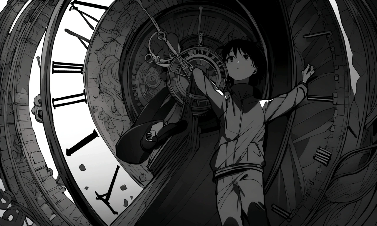 black and white drawing, giant clockwork background, hang from clockwork, human, 26 year old male, black neat hair, a lonely face, wearing gray tracksuit, put one&#39;s foot on the clock hand, cling to the clock, climb the clock.