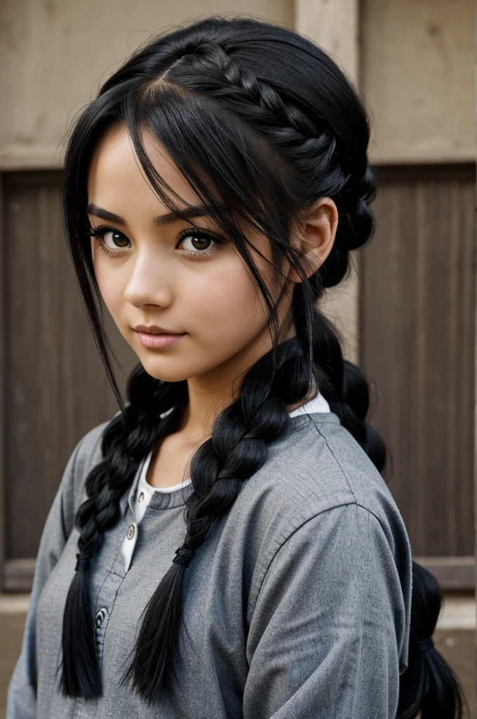 Anime girl with black hair tied in a braid. dark eyes