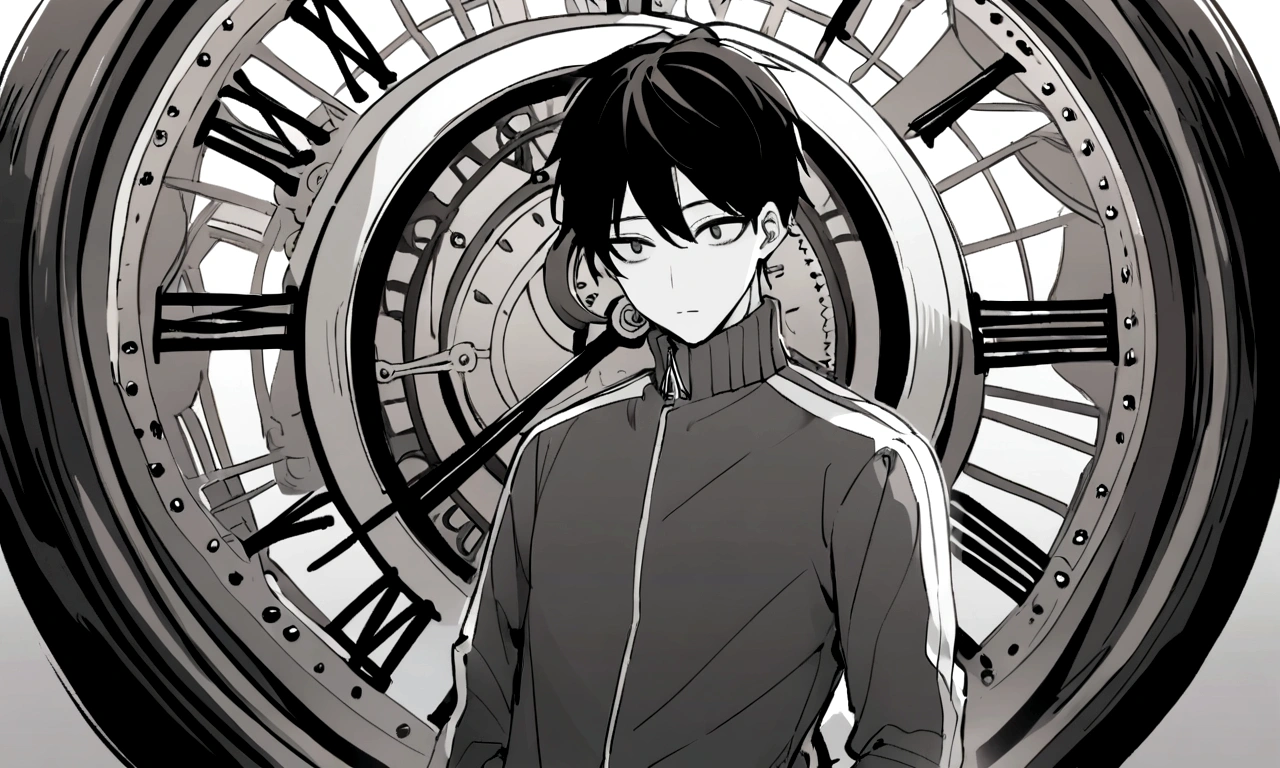 black and white drawing, giant clockwork background, hang from clockwork, human, 26 year old male, black neat hair, a lonely face, wearing gray tracksuit, put one's foot on the clock hand, cling to the clock.