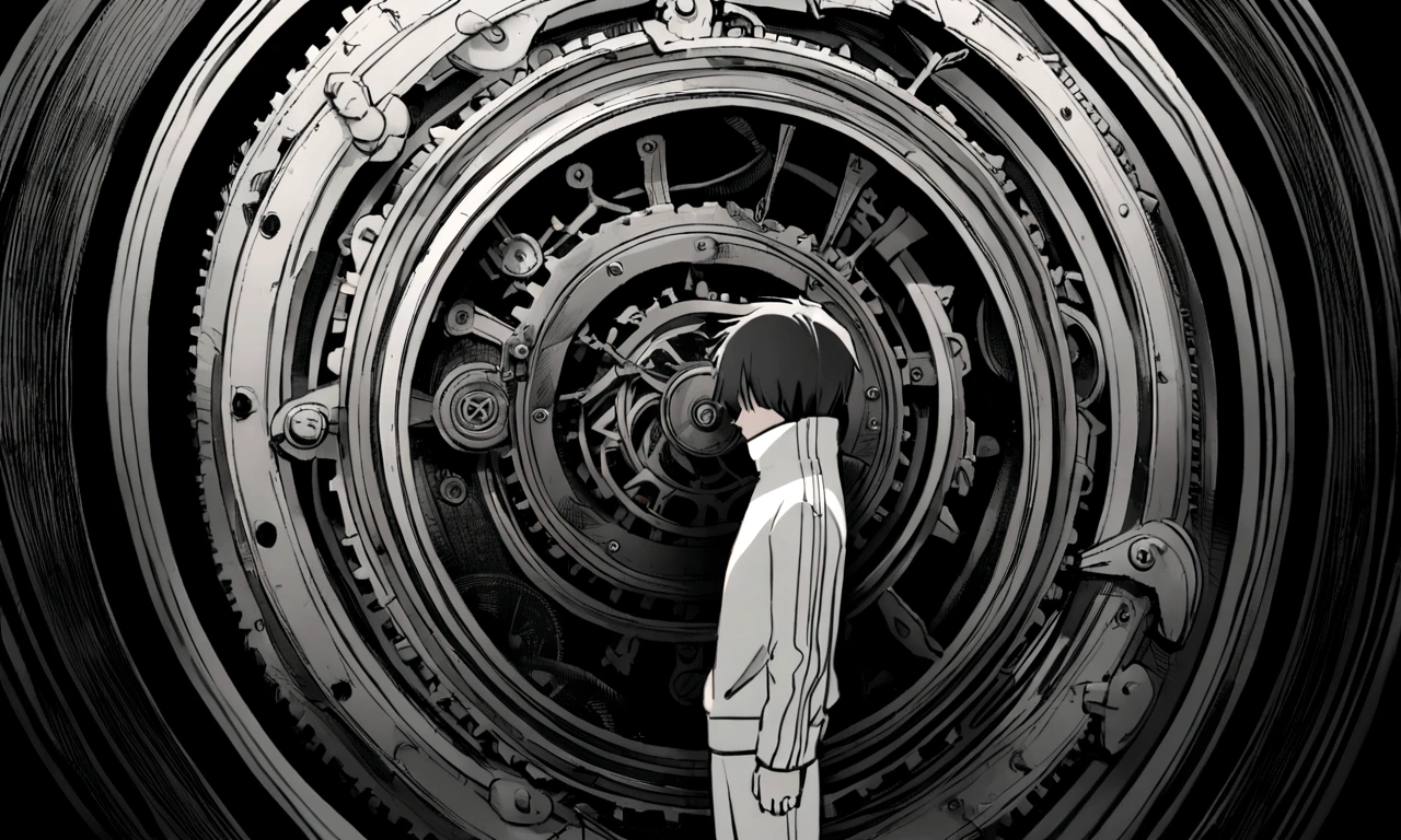 black and white drawing, giant clockwork background, hang from clockwork, human, 26 year old male, black neat hair, a lonely face, wearing gray tracksuit, put one's foot on the clock hand, cling to the clock.