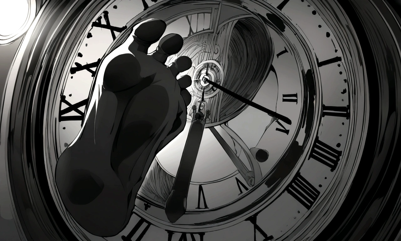 black and white drawing, giant clockwork background, hang from clockwork, human, 26 year old male, black neat hair, a lonely face, wearing gray tracksuit, put one's foot on the clock hand, cling to the clock.
