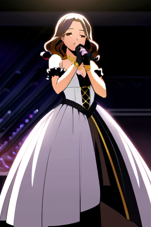 *a woman with dark brown hair, a 30-year-old woman, tanned skin, short wavy hair, with a golden feather in her hair, a gold necklace on her neck, wearing a black leather ball gown, long black gloves , with fan in hand, big fleshy lips, shadowy eyes, with a microphone in the other hand, singer, on stage, anime, beautiful.*