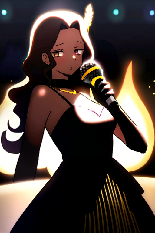 *a woman with dark brown hair, a 30-year-old woman, tanned skin, short wavy hair, with a golden feather in her hair, a gold necklace on her neck, wearing a black leather ball gown, long black gloves , with fan in hand, big fleshy lips, shadowy eyes, with a microphone in the other hand, singer, on stage, anime, beautiful.*