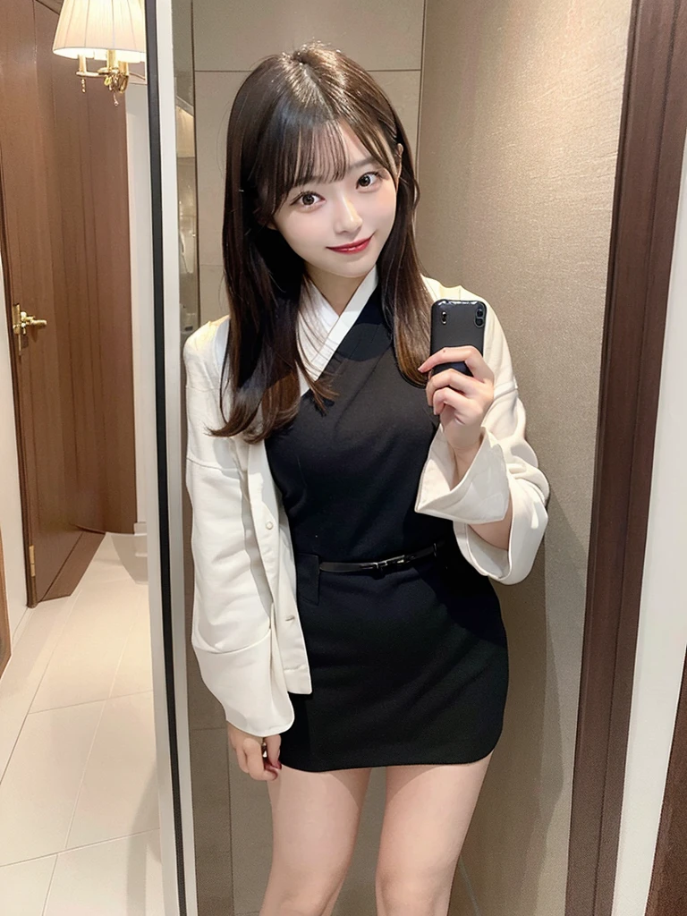Best Quality, 1 beautiful Japanese woman, standing in front of a full-length mirror taking a (selfie:1.5), making a playful pose with one foot raised and a cheeky grin, at a luxury europe hotel