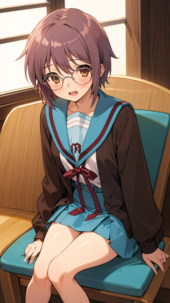  looking at viewer, 1girl, female, solo, blush, open mouth, , teeth, , ny1, glasses, , blue sailor collar, serafuku, blue skirt, long sleeves, brown cardigan, open cardigan, squatting on a chair, open legs,spread legs,panties