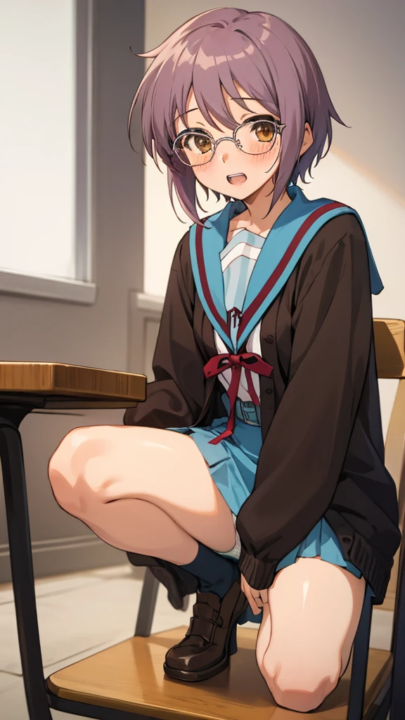 looking at viewer, 1girl, female, solo, blush, open mouth, , teeth, , ny1, glasses, , blue sailor collar, serafuku, blue skirt, long sleeves, brown cardigan, open cardigan, squatting on a chair, open legs,spread legs,panties