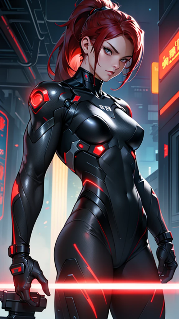 Beautiful cybernetic girl detailed muscles realistic masterpieces full figure pose (best quality,ultra-detailed), red hair in ponytail, fair skin, fit body, slim figure, narrow waist, (confident expression), black carbon fiber cybernetic mobile combat suit