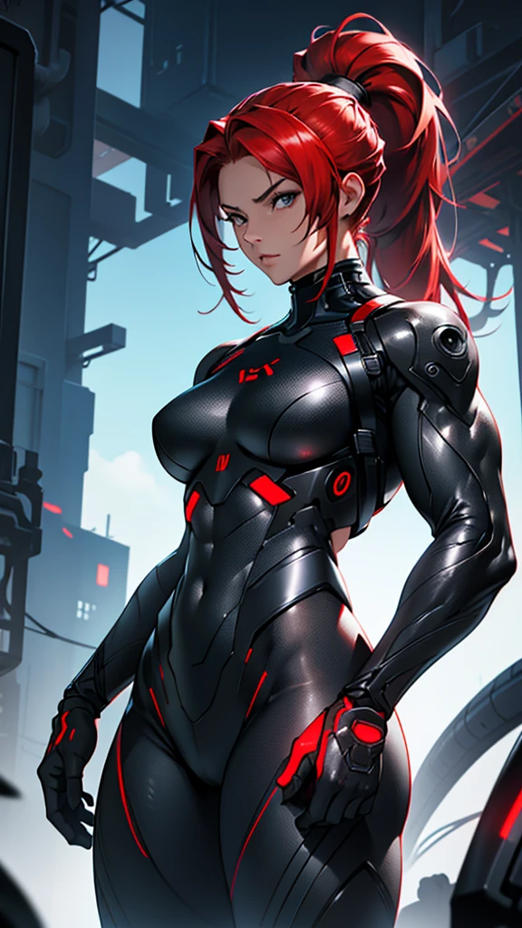 Beautiful cybernetic girl detailed muscles realistic masterpieces full figure pose (best quality,ultra-detailed), red hair in ponytail, fair skin, fit body, slim figure, narrow waist, (confident expression), black carbon fiber cybernetic mobile combat suit