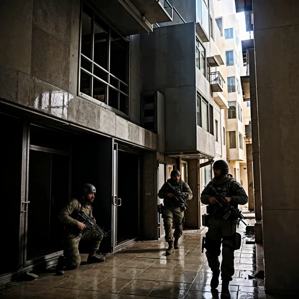a squad of heavily armed military personnel storming a building, terrorists have taken hostages inside, intense action, realistic military gear and weapons, smoke, debris, hostages cowering in fear, dramatic lighting, cinematic camera angles, gritty urban environment, high contrast, detailed textures, (best quality,4k,8k,highres,masterpiece:1.2),ultra-detailed,(realistic,photorealistic,photo-realistic:1.37),cinematic lighting,dramatic shadows,intense military action,highly detailed weapons,professional military tactical gear,hostages hiding in fear,intense facial expressions,military personnel breaching the building,smoke and debris filling the air,high contrast gritty urban environment