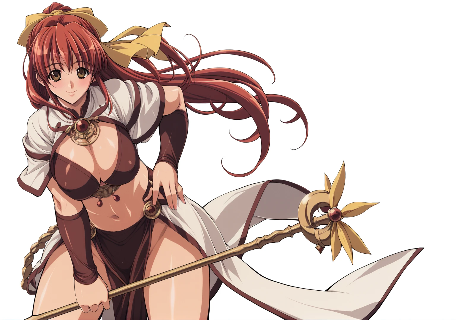 kuroda kazuya, score_7_up, source_anime, very aesthetic, absurdres, rating explicit, 1girl, solo, looking at viewer, blush, cowboy shot, large breasts, cleavage, midriff, pelvic curtain, smile, staff, red hair, brown eyes, yellow ribbon