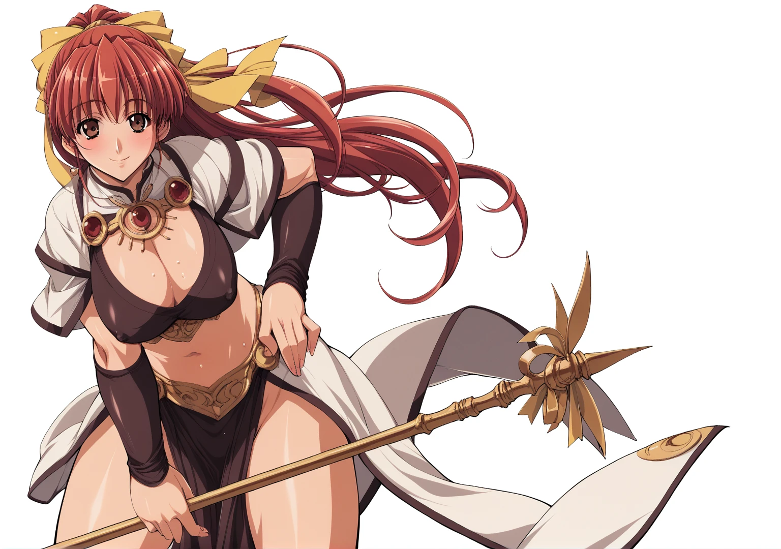 kuroda kazuya, score_7_up, source_anime, very aesthetic, absurdres, rating explicit, 1girl, solo, looking at viewer, blush, cowboy shot, large breasts, cleavage, midriff, pelvic curtain, smile, staff, red hair, brown eyes, yellow ribbon