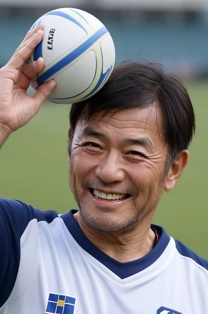 A slightly balding 57-year-old Japanese rugby player is smiling