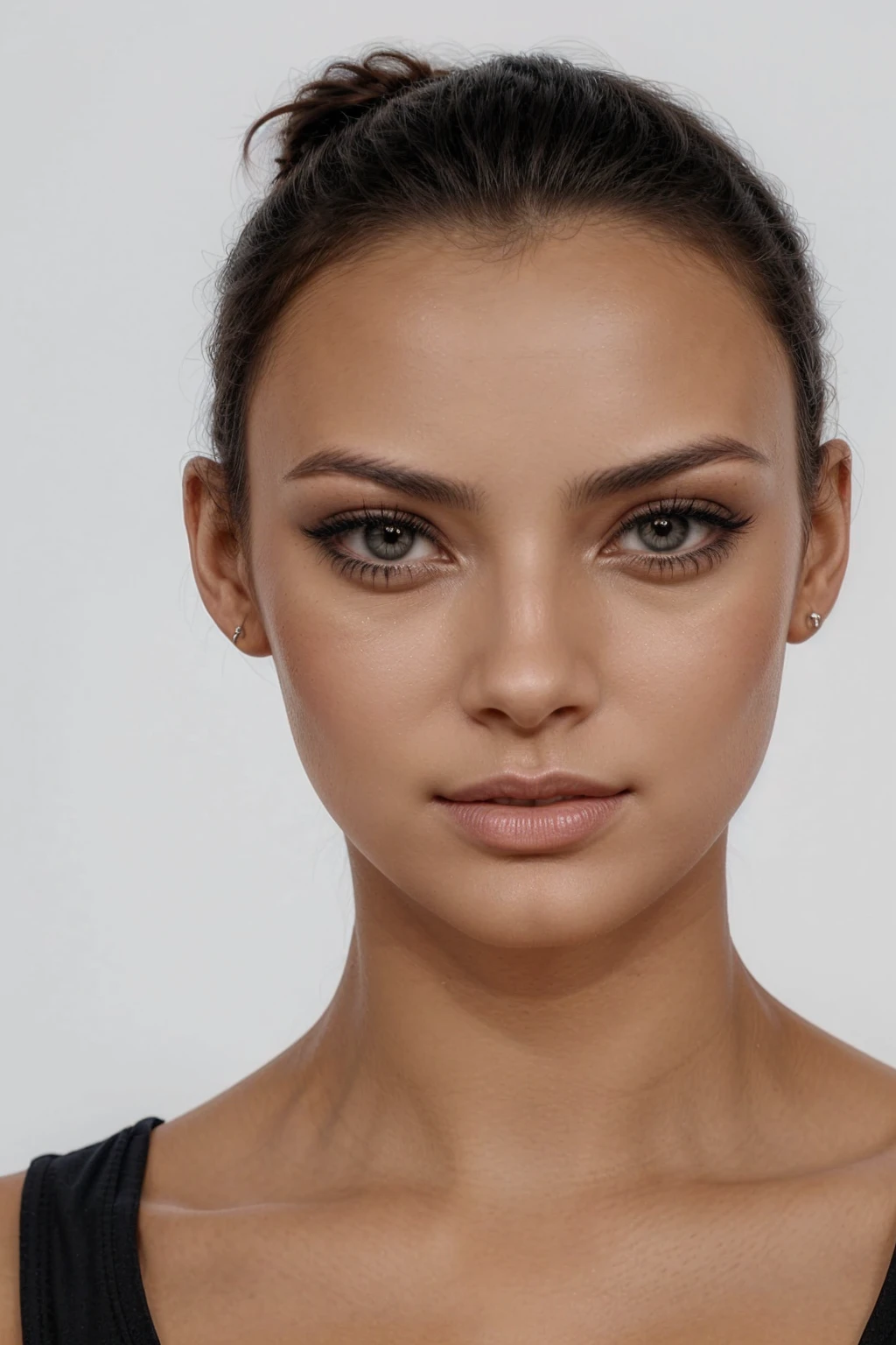 il y a une femme avec un haut noir et un haut noir, teint photoréaliste, accurate visage ultra réalistes, taches de rousseur éparses, visage ultra réalistes, traits du visage photoréalistes, visages ultra réalistes, Des visages hyperréalistes, beau visage hyperréaliste, visage ultra réaliste, peau texturée réaliste, visages hyper réalistes, détails du visage ultra réalistes, visage détaillé et réaliste